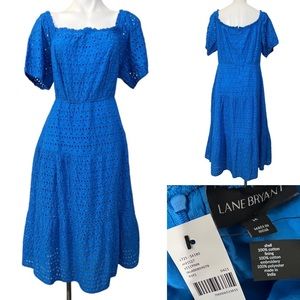 Lane Bryant plus Size 16 blue eyelet off-shoulder smocked waist midi dress